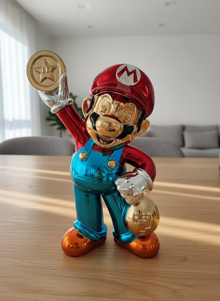 Colorful Mario figurine holding a star on a white background