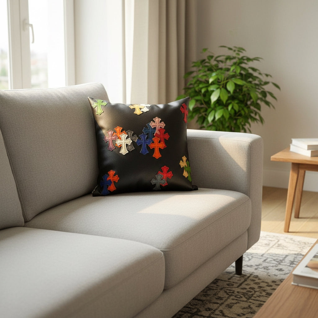 CH Cross Embroidery Leather Pillow