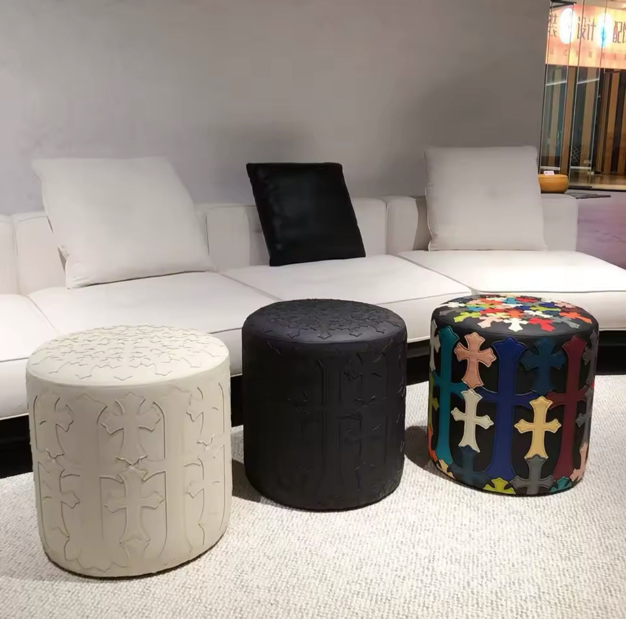 Ottoman with Gothic Crosses - All White